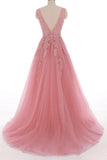 Charming Open Back Pink Lace Appliques Long Prom Dresses Formal Grad Dress Evening Gowns