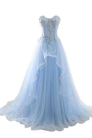 Real Picture Light Blue Lace Appliques High Low Prom Dresses Formal Evening Dress Party Gown