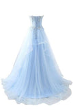 Real Picture Light Blue Lace Appliques High Low Prom Dresses Formal Evening Dress Party Gown