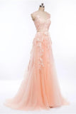Fashion Light Pink Lace Appliques Tulle Long Prom Dresses Formal Evening Dress Party Gowns