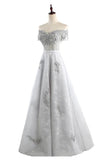 Short Sleeve Grey Lace A Line Long Off Shoulder Prom Dresses Formal Evening Dress Party Gown