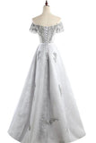 Short Sleeve Grey Lace A Line Long Off Shoulder Prom Dresses Formal Evening Dress Party Gown