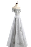 Short Sleeve Grey Lace A Line Long Off Shoulder Prom Dresses Formal Evening Dress Party Gown