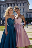 Pink Satin Strapless Elegant Short Prom Dress With Pocket Homecoming Dresses