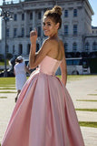 Pink Satin Strapless Elegant Short Prom Dress With Pocket Homecoming Dresses