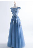 Fashion Blue Lace Appliques Cap Sleeves Long Prom Dresses Formal Evening Dress Party Gowns