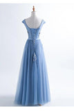 Fashion Blue Lace Appliques Cap Sleeves Long Prom Dresses Formal Evening Dress Party Gowns