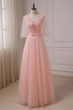 New 2019 Light Pink Applique Half Sleeves Long Prom Dresses Formal Evening Dress Party Gown