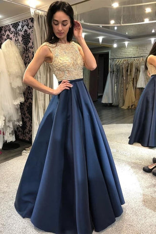 Fashion A Line Floor Length Beaded Satin Prom Dresses Formal Evening Dress Party Gowns
