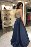 Fashion A Line Floor Length Beaded Satin Prom Dresses Formal Evening Dress Party Gowns