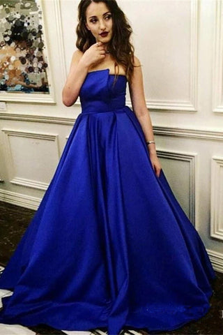 Elegant A Line Strapless Royal Blue Satin Prom Dresses Formal Evening Dress Party Gowns