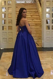 Elegant A Line Strapless Royal Blue Satin Prom Dresses Formal Evening Dress Party Gowns