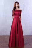 Dark Red 3/4 Long Sleeves Lace Evening Prom Dresses Party Gowns With Pocket