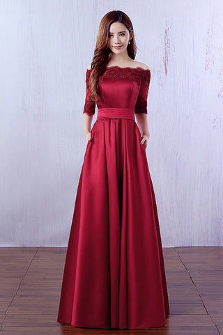 Dark Red 3/4 Long Sleeves Lace Evening Prom Dresses Party Gowns With Pocket