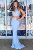 Two Piece Open Back Light Blue Mermaid Halter Lace Prom Dresses Formal Evening Dress Party