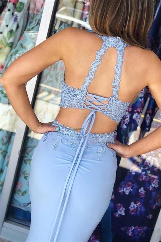 Two Piece Open Back Light Blue Mermaid Halter Lace Prom Dresses Formal Evening Dress Party