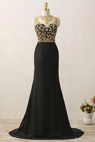 See Through Back Black Mermaid Beaded Long Prom Dresses Formal Evening Dress Party Gowns