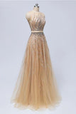 New 2019 A Line Tulle Beaded See Through Long Prom Dresses Formal Evening Dress Party Gowns