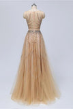 New 2019 A Line Tulle Beaded See Through Long Prom Dresses Formal Evening Dress Party Gowns
