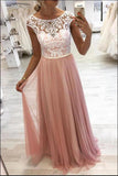 Fashion A Line White Lace Cap Sleeves Pink Prom Dresses Formal Evening Dress Party Gowns
