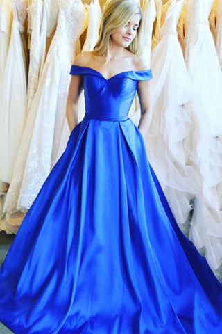 Simple Off the Shoulder Royal Blue Satin Cheap Prom Dresses Formal Evening Dress Party Gowns