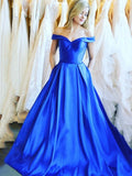 Simple Off the Shoulder Royal Blue Satin Cheap Prom Dresses Formal Evening Dress Party Gowns