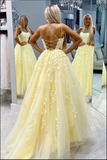 Fashion Open Back Spaghetti Strap Daffodil Long Formal Prom Dresses Evening Dress Party Gown
