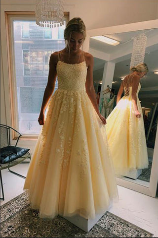 Fashion Open Back Spaghetti Strap Daffodil Long Formal Prom Dresses Evening Dress Party Gown