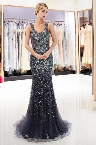 Shiny Beading Mermaid Long Prom Dresses Formal Evening Dress Party Gowns