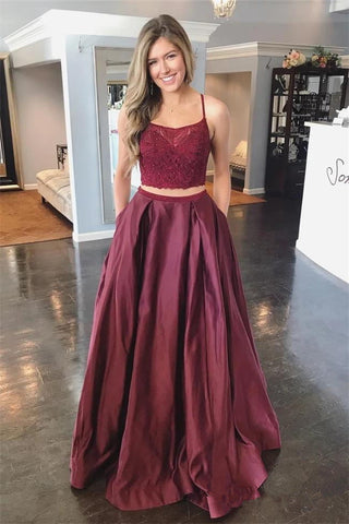 Open Back Two Piece Burgundy Spaghetti Straps Prom Dresses Formal Evening Dress Party Gowns