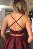 Open Back Two Piece Burgundy Spaghetti Straps Prom Dresses Formal Evening Dress Party Gowns