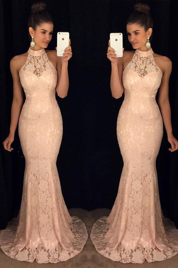 Mermaid Long High Neck Blush Pink Lace Evening Prom Dresses Party Gowns