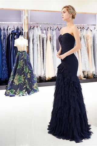 Navy Blue Strapless Mermaid Long Prom Dresses Formal Evening Dress