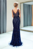 New Feather Heavy Beaded Dark Blue Mermaid Long Prom Dresses Formal Evening Dress Party
