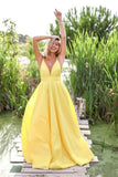 Elegant A Line Backless V Neck Daffodil Satin Prom Dresses Formal Evening Dress