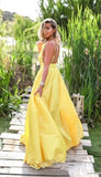 Elegant A Line Backless V Neck Daffodil Satin Prom Dresses Formal Evening Dress