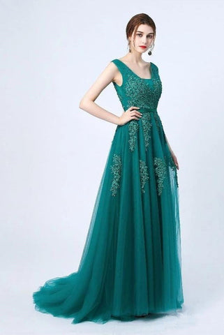 Fashion A Line Lace Appliques Green Long Prom Dresses Formal Evening Dress Party Gowns