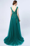 Fashion A Line Lace Appliques Green Long Prom Dresses Formal Evening Dress Party Gowns