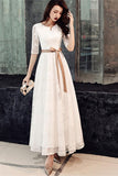 A Line Princess Half Sleeves Lace Long Prom Dresses