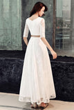 A Line Princess Half Sleeves Lace Long Prom Dresses