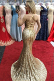 Shiny Sequin Backless V Neck Mermaid Slit Long Prom Dresses Formal Evening Dress For Party