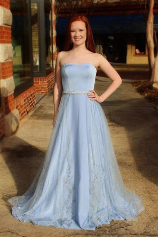 A Line Light Blue Strapless Beaded Belt Long Prom Dresses