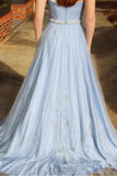 A Line Light Blue Strapless Beaded Belt Long Prom Dresses