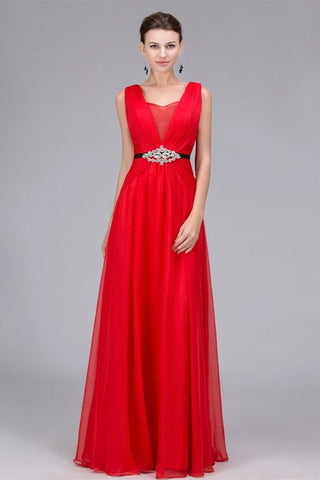 Empire Waist A Line V Neck Red Floor Length Prom Dresses Formal Evening Dress Party Gowns