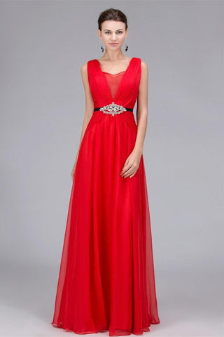 Empire Waist A Line V Neck Red Floor Length Prom Dresses Formal Evening Dress Party Gowns