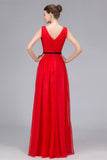 Empire Waist A Line V Neck Red Floor Length Prom Dresses Formal Evening Dress Party Gowns