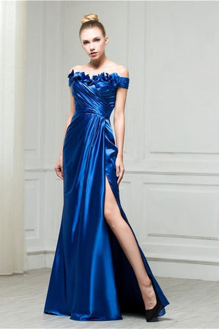 Chic Royal Blue Off the Shoulder Sheath Hand Flowers Long Prom Dresses Formal Evening Dress