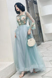 Charming Long Sleeves Appliques Light Blue Prom Dresses Formal Evening Dress Party Gowns