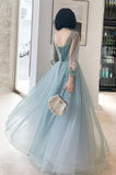 Charming Long Sleeves Appliques Light Blue Prom Dresses Formal Evening Dress Party Gowns