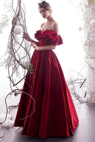 New A Line Off the Shoulder Burgundy Satin Prom Dresses Formal Evening Dress Party Gowns